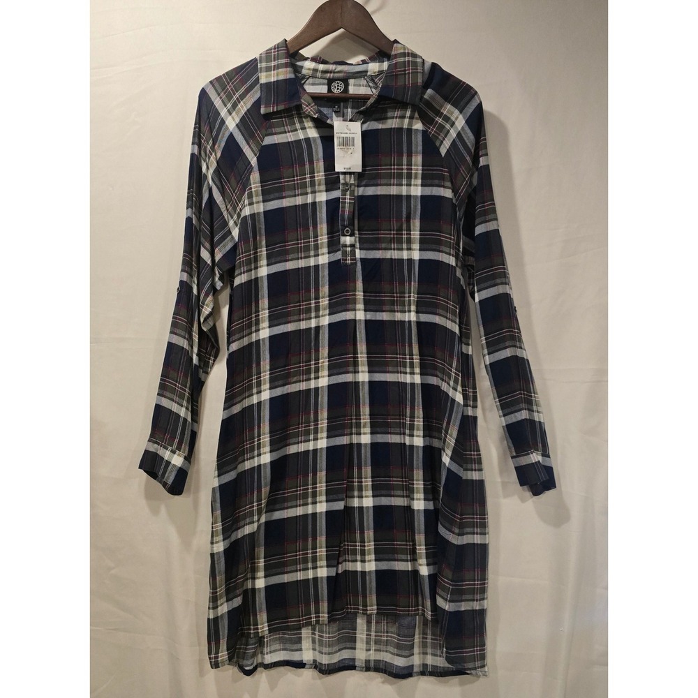 Bobeau Plaid Long Sleeve Button Front Shirt Dress Navy Green‎ Burgundy M